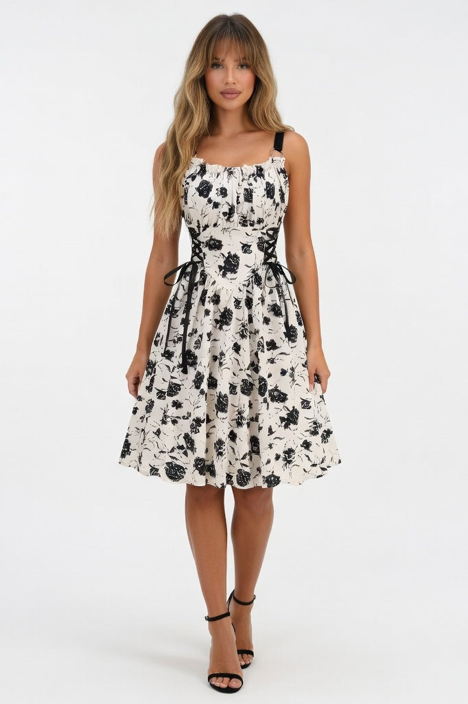 Printed Halter Dress with O-Ring Detail — Black Floral