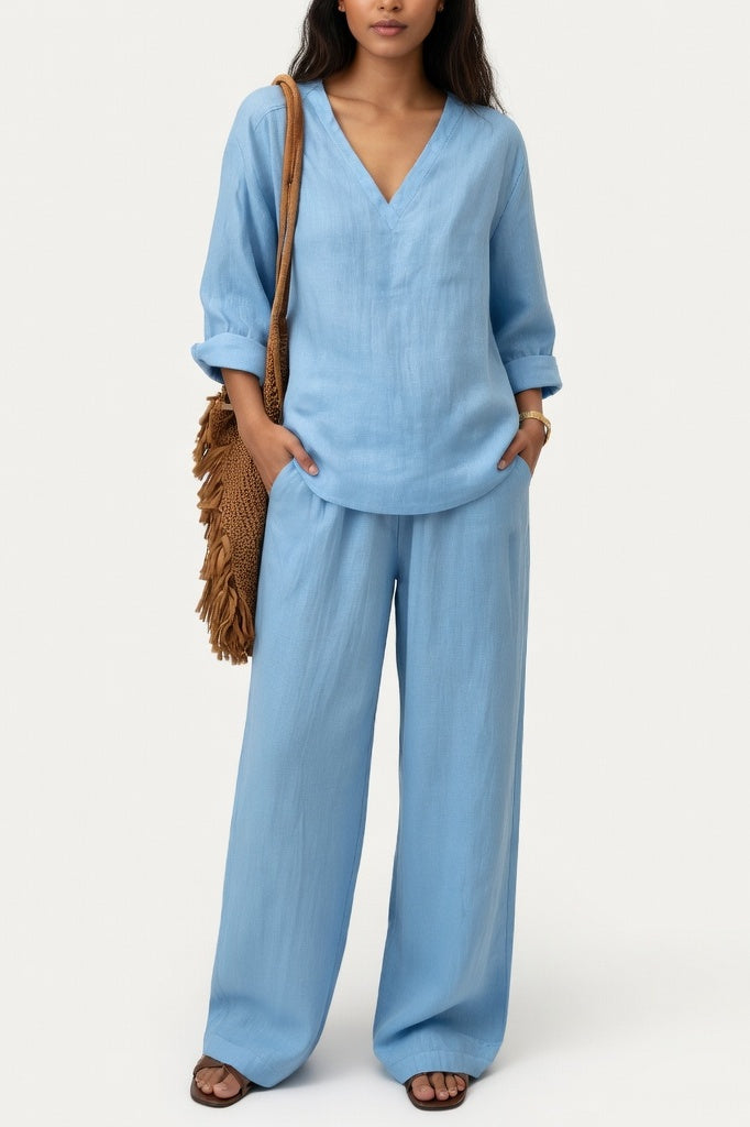 V-Neck Co-Ord Set — Blue