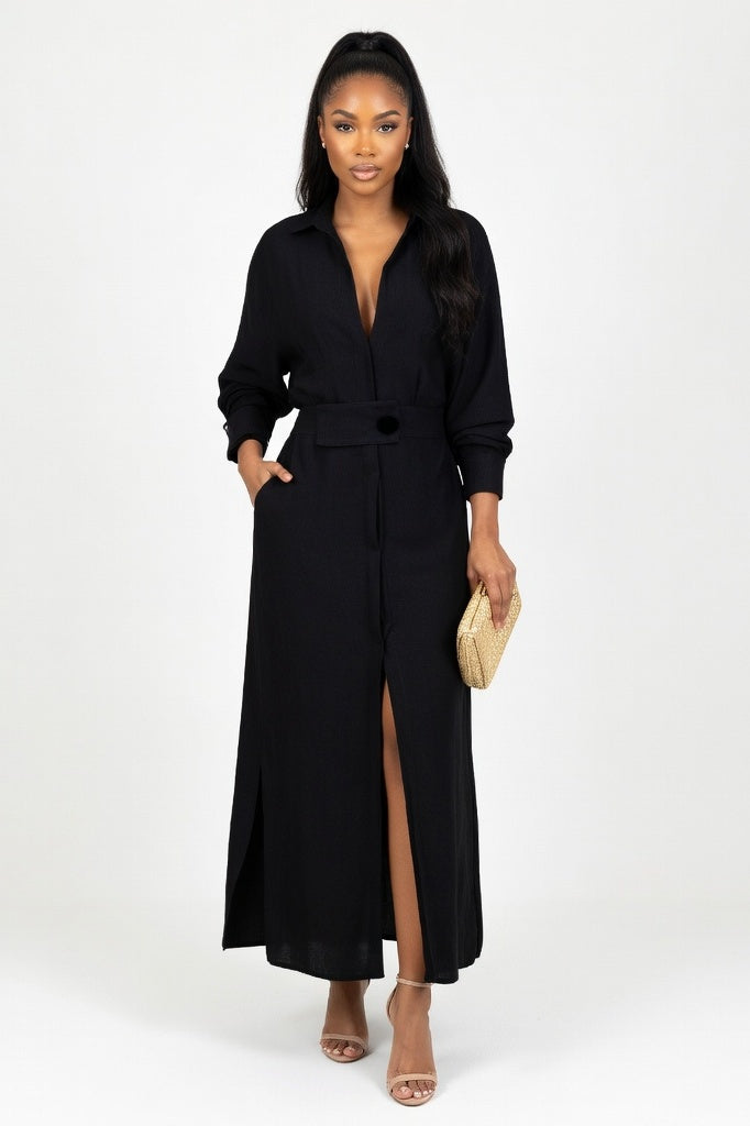 V-Neck Shirt Dress — Black