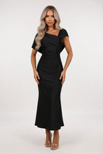 Satin One Shoulder Fishtail Dress — Black
