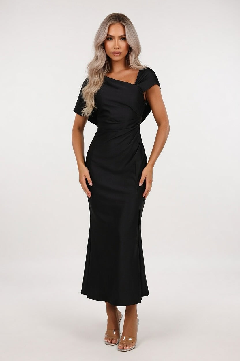 Satin One Shoulder Fishtail Dress — Black