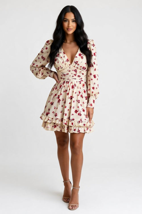 Printed Pleated V-Neck Dress — front view