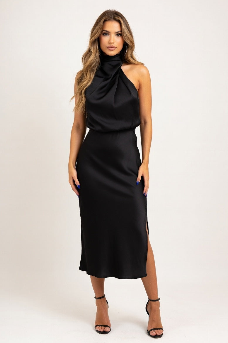 Satin Sleeveless Dress — Black