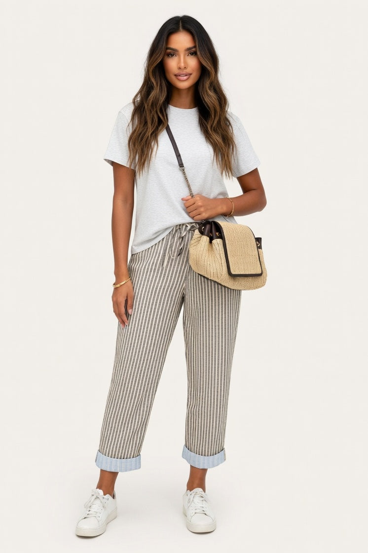 Striped Wide Leg Trousers — Khaki