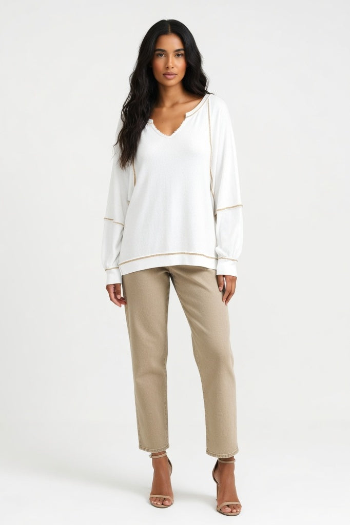 V-Neck Sweatshirt with Contrast Detailing — Off White