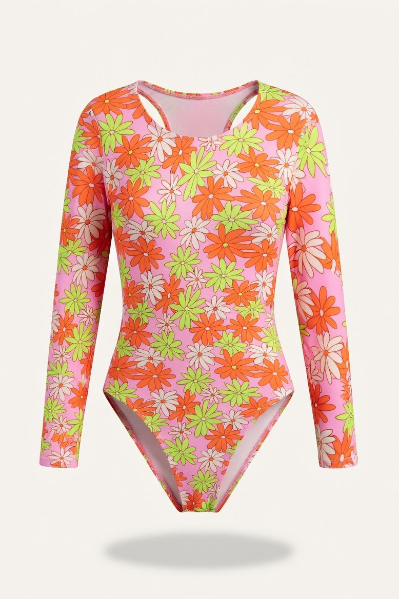 Printed Long-Sleeve Swimsuit — Pink