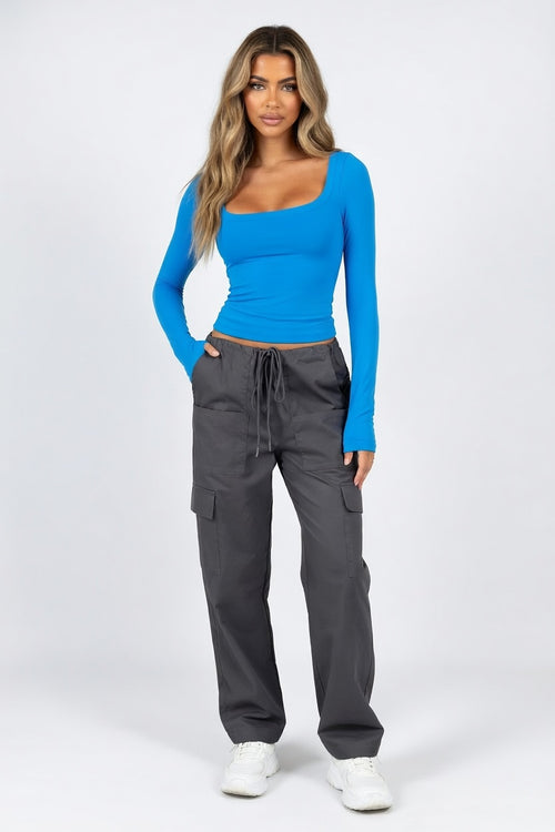Ribbed U-Neck Long Sleeve Top — front view