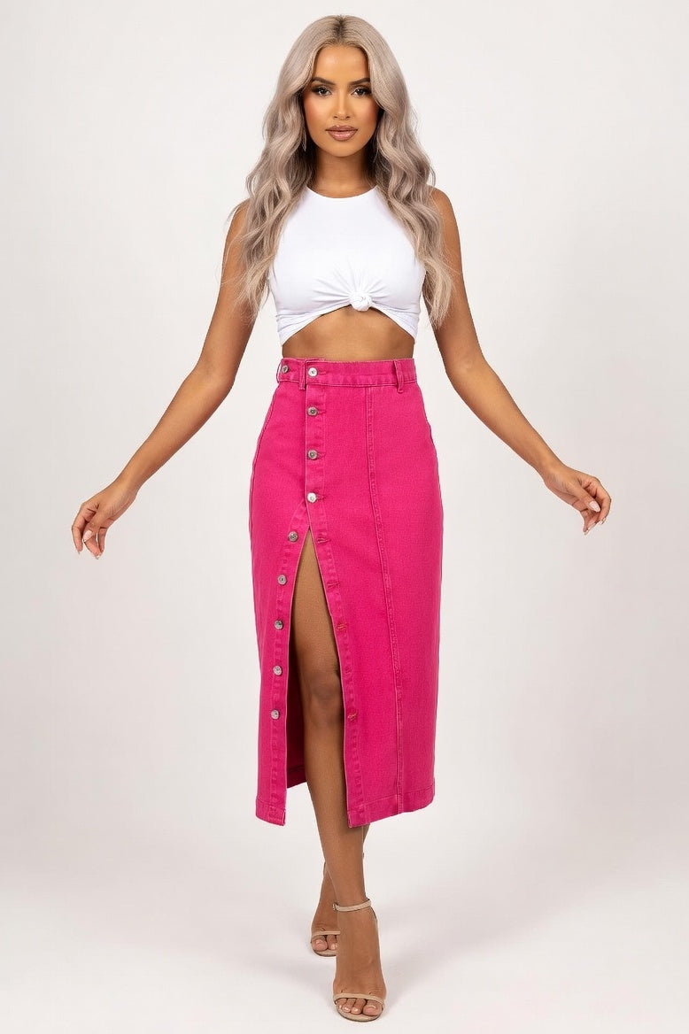 High Waist Slit Denim Skirt — Rose Red