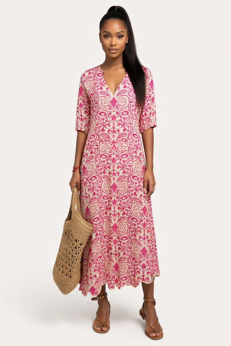 Printed V-Neck Midi Dress — Pink