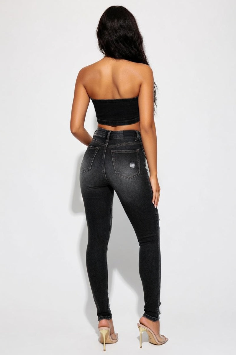 Distressed High Waist Denim — back view