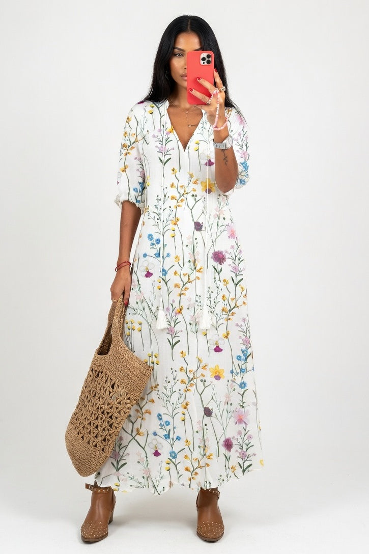 V-Neck Printed Mid-Sleeve Dress — Floral
