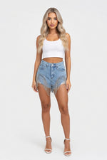 Raw Hem Denim Shorts — front view