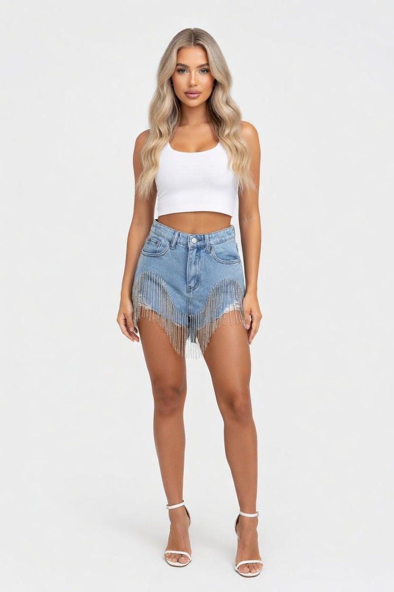 Raw Hem Denim Shorts — front view