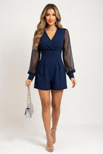 Mesh Panel V-Neck Jumpsuit — Blue
