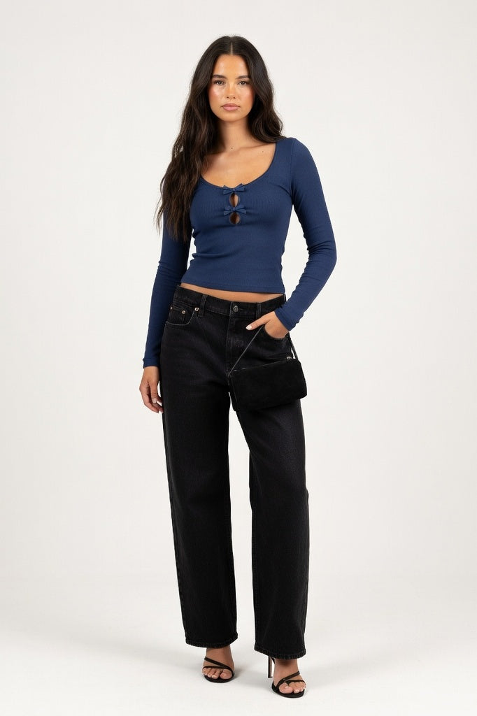 Ribbed Bow Detail Long Sleeve Top — Navy Blue