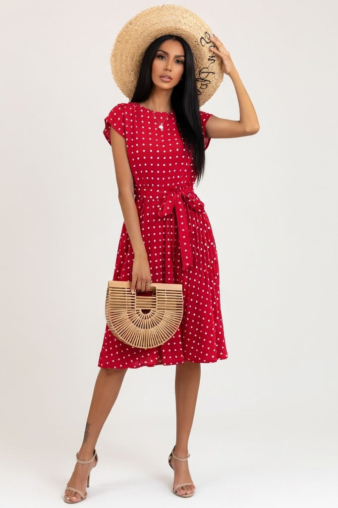 Polka Dot Pleated Dress — Burgundy
