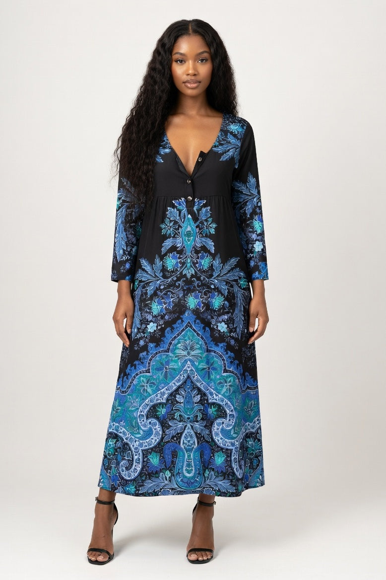Printed Shirt Dress with Pockets — Blue