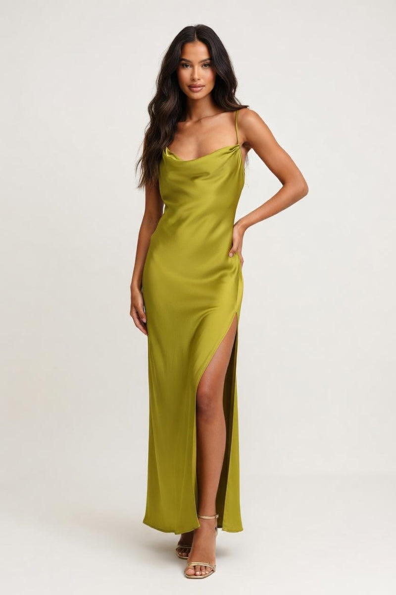 Satin Ruffle High Slit Dress — front view