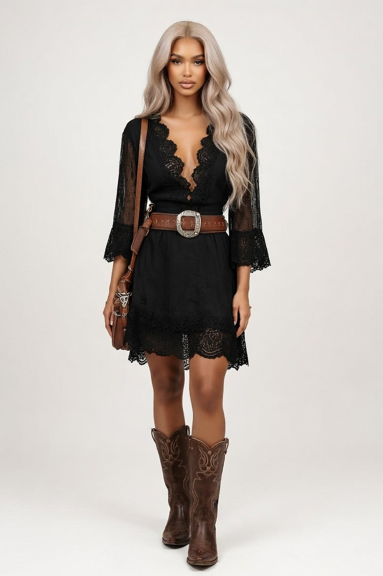 Lace Trim Bell Sleeve Midi Dress — Black
