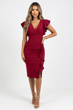 Ruffle V-Neck Mini Dress — Burgundy