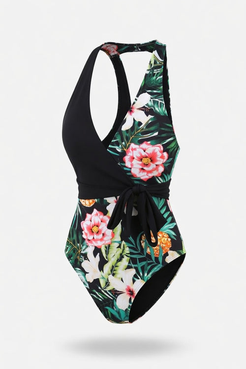 Printed Lace-Up Swimsuit — front view
