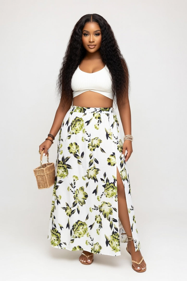 Printed Slit Midi Skirt — White