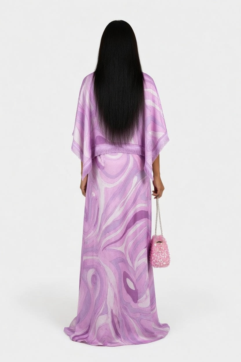 Printed Cape Top & Skirt Set — back view