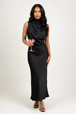 Sleeveless Satin Midi Dress — Black