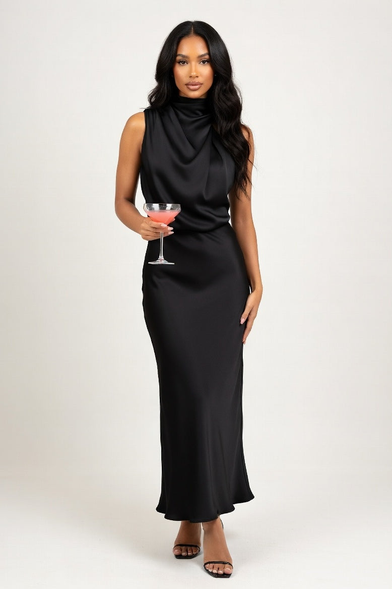 Sleeveless Satin Midi Dress — Black