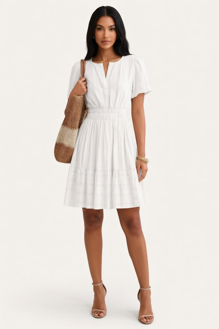V-Neck Pleated Swing Dress — White