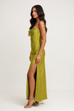 Satin Ruffle High Slit Dress — side view