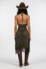 Deep V Halter Tassel Dress — back view