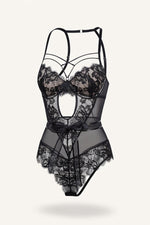 Lace Bodycon Jumpsuit with Bow Detail — Black