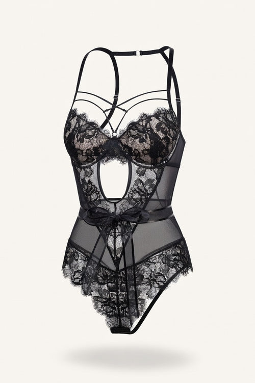 Lace Bodycon Jumpsuit with Bow Detail — Black