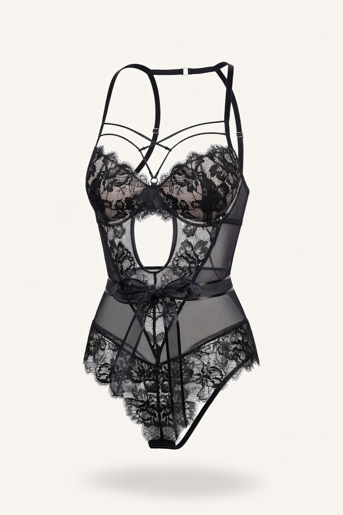 Lace Bodycon Jumpsuit with Bow Detail — Black