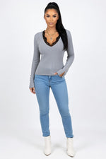 Lace Panel Brushed Long Sleeve Top — Coffee