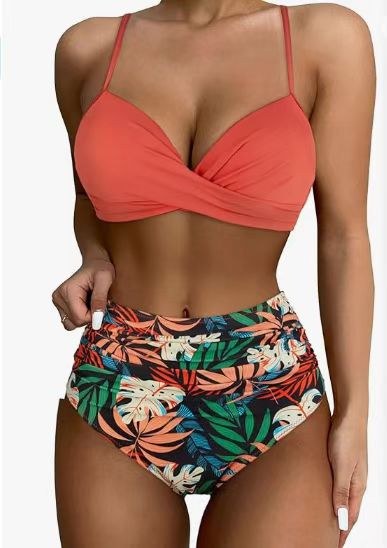 High Waist Split Bikini Set — Orange Floral — colour variant