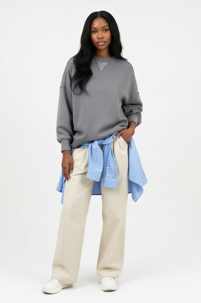Round Neck Cotton Sweatshirt — Grey