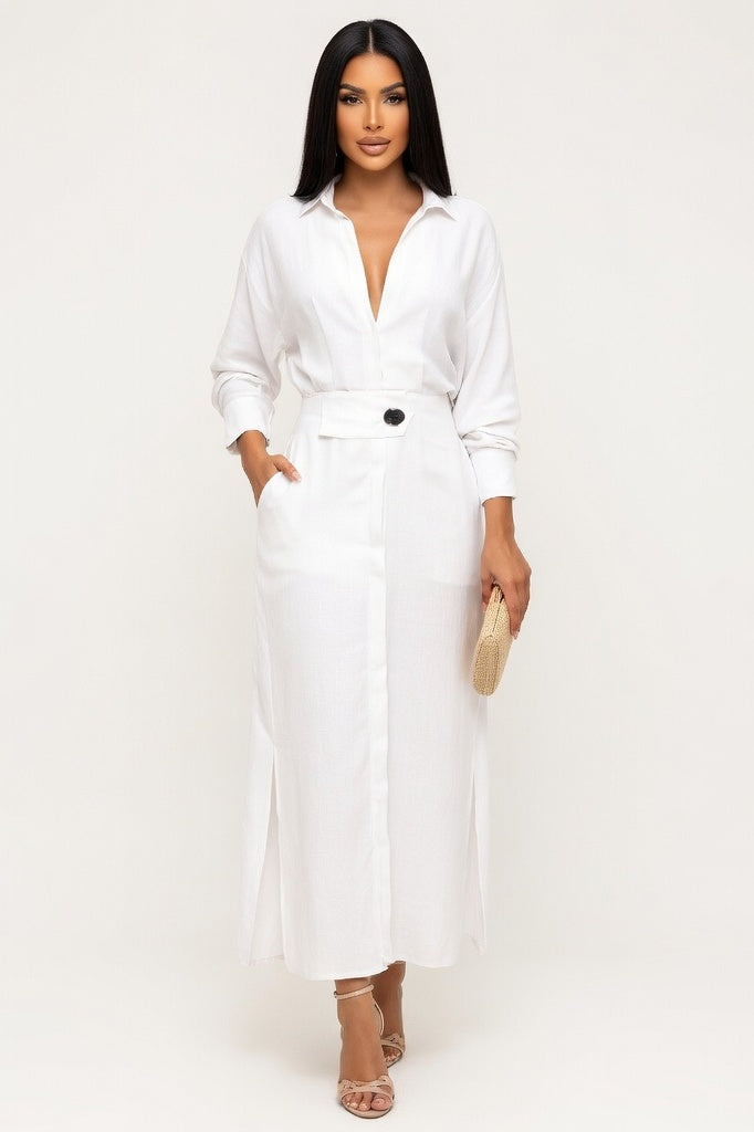 V-Neck Shirt Dress — White