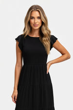 Pleated Short Sleeve Dress — Black