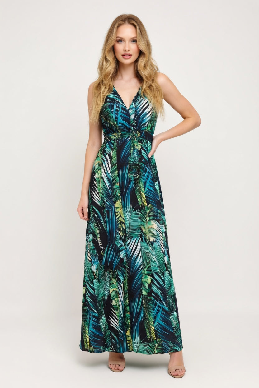 Printed Open Back Strap Dress — Green Print
