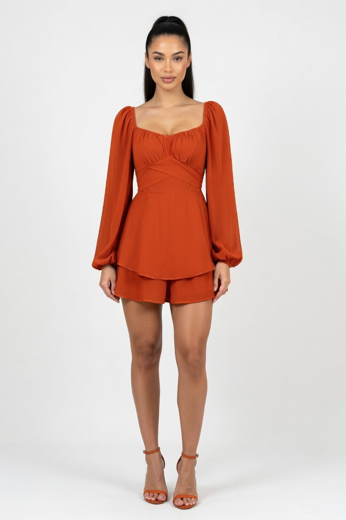 Ruffle Square Neck Jumpsuit — Brown