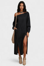 Off-Shoulder Slit Maxi Dress — front view