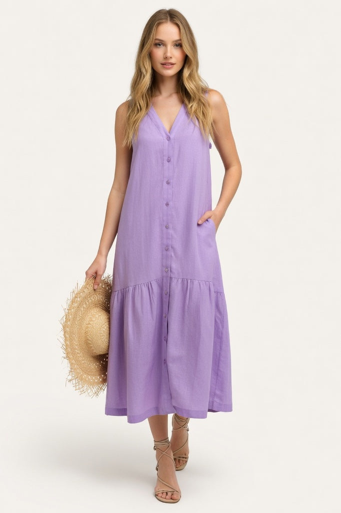 Linen V-Neck Maxi Dress — Violet