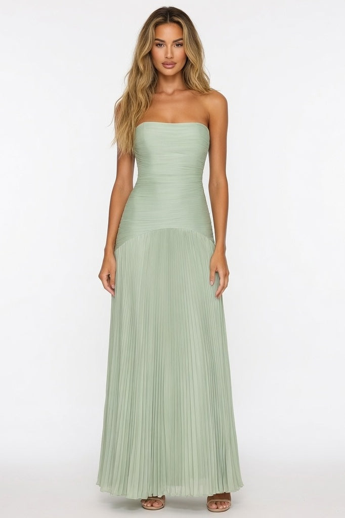 Striped Tube Top Pleated Dress — As Shown