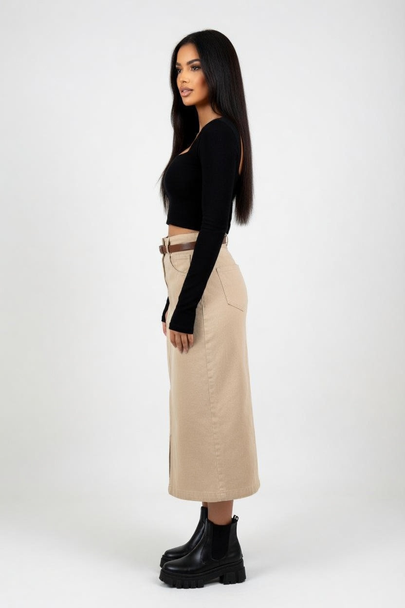 Belted Denim A-Line Skirt — side view
