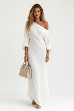 Off-Shoulder Lantern Sleeve Midi Dress — White