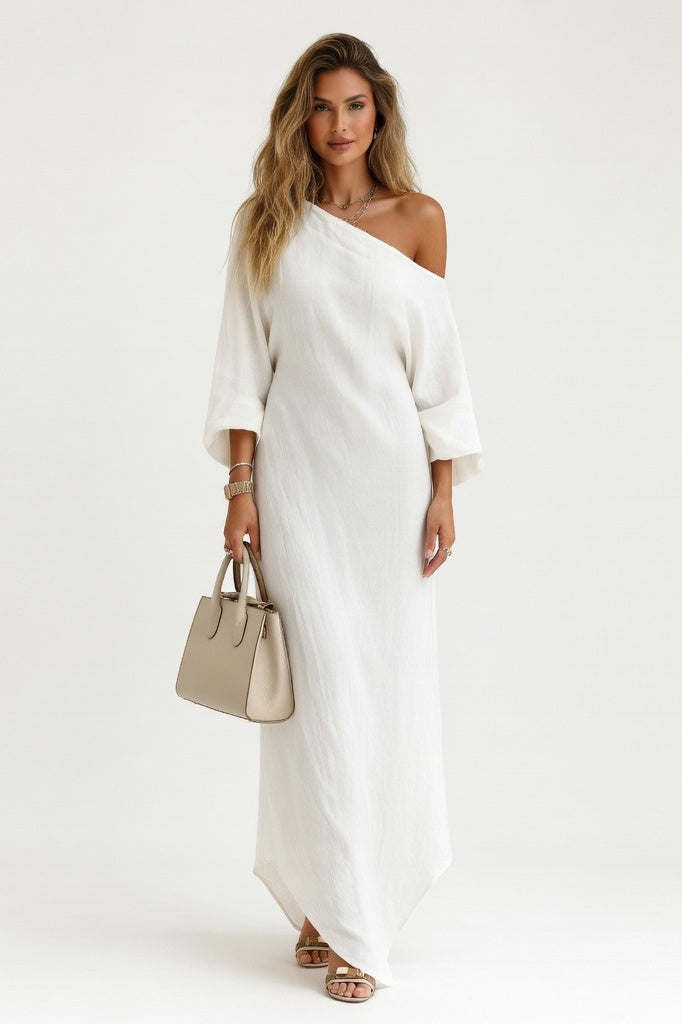 Off-Shoulder Lantern Sleeve Midi Dress — White