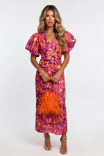 Printed V-Neck Bodycon Dress — Red