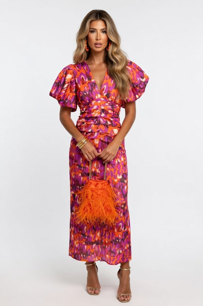 Printed V-Neck Bodycon Dress — Red